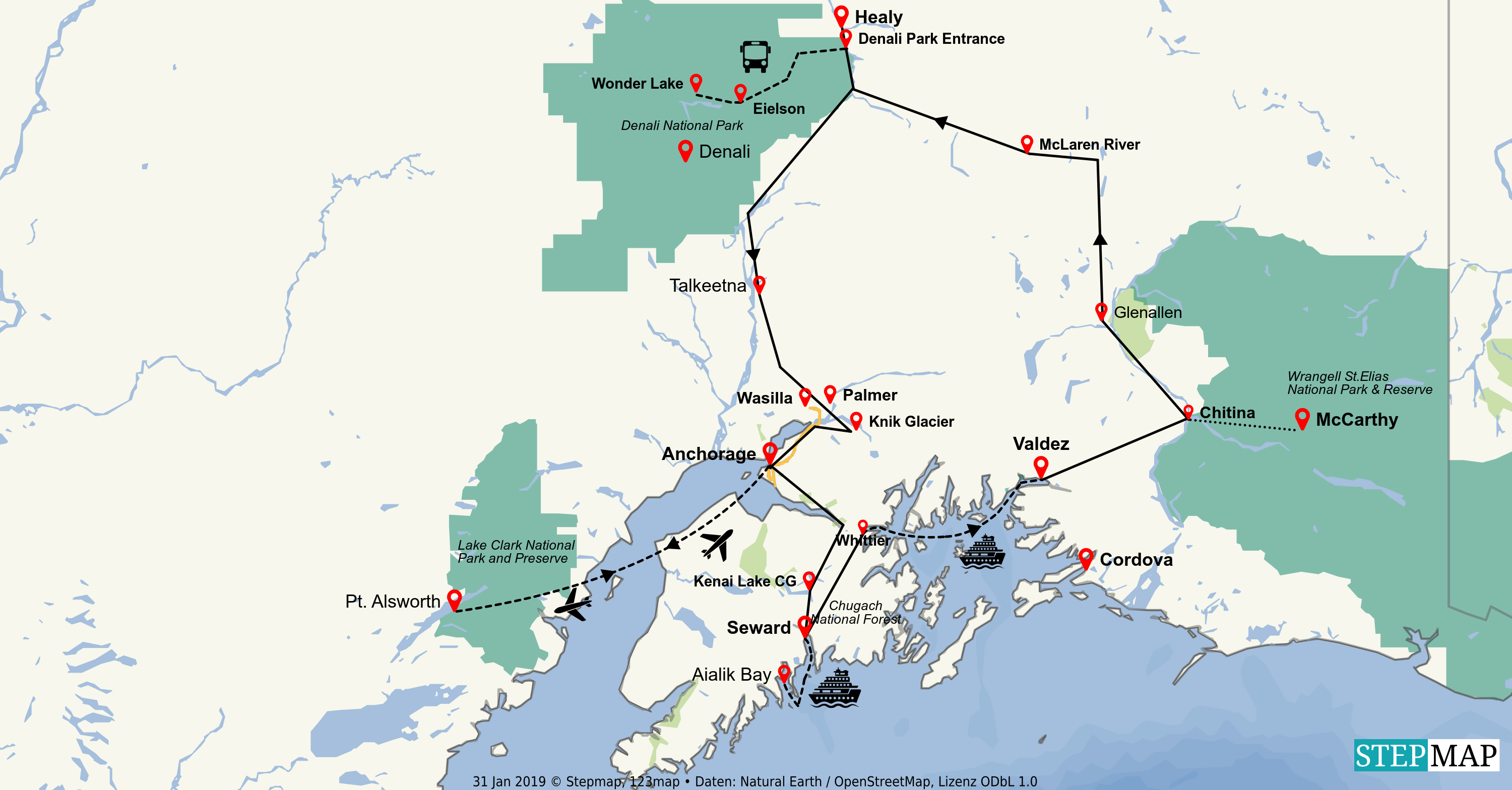 StepMap Karte National Parks Tour 